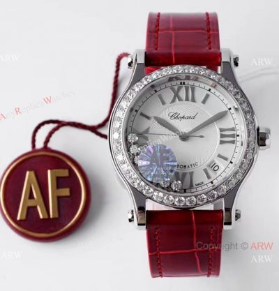 AF Factory 1:1 Best Replica Chopard Leather Strap Chopard Happy Sport Diamonds Watch 36mm Chopard Strap Red Leather Strap